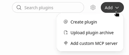 The Add menu on ChatGPT's Plugins page, showing Add custom MCP server.