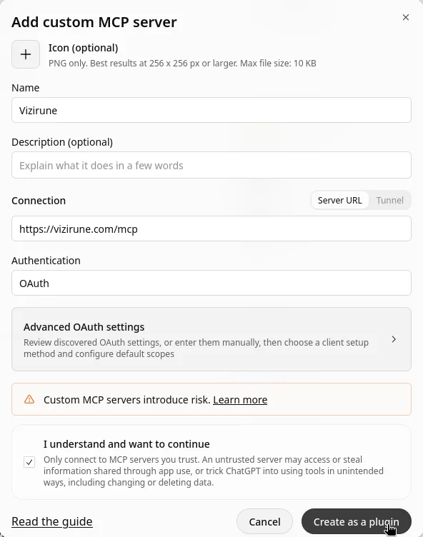 Add custom MCP server dialog filled in: name Vizirune, server URL ending in /mcp, OAuth authentication, the risk acknowledgement ticked and Create as a plugin selected.