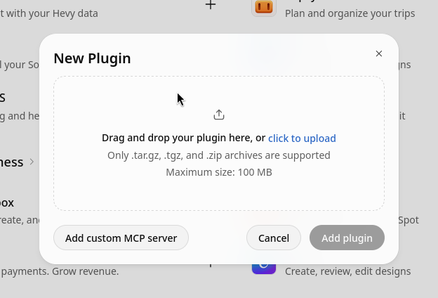 New Plugin dialog with the archive upload area and Add plugin button.